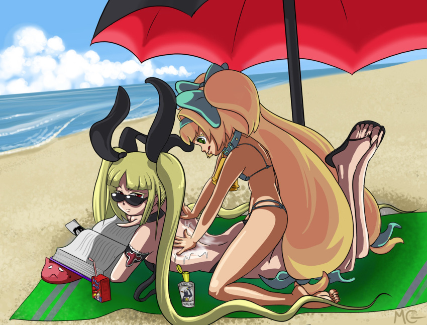 2girls :q armband beach beach_towel beach_umbrella bell bell_collar bikini blazblue blonde_hair bow collar flat_chest flip-flops gii hair_bow hair_ribbon hairband heart heart-shaped_pupils highres juice_box long_hair lotion mario_grant multiple_girls nago ocean on_stomach platinum_the_trinity rachel_alucard reading red_eyes ribbon sandals straddle sunglasses swimsuit symbol-shaped_pupils tongue twintails two_side_up very_long_hair