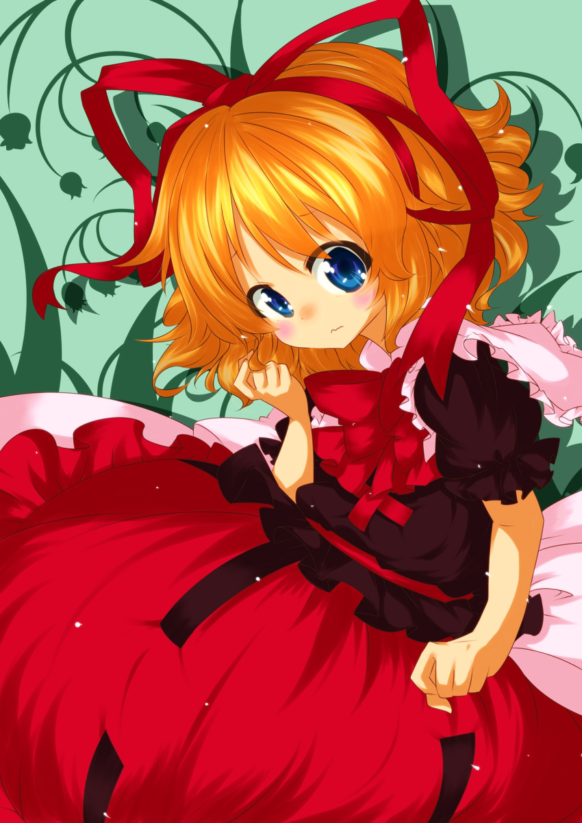 1girl blouse blue_eyes blush_stickers bow capelet clenched_hand flower green_background hair_ribbon hair_twirling hand_in_hair head_tilt highres ksk_(semicha_keisuke) lily_of_the_valley looking_at_viewer medicine_melancholy orange_hair ribbon sash shadow short_hair short_sleeves skirt solo touhou wavy_mouth