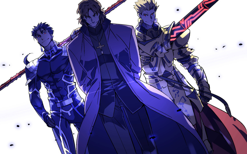 3boys armor blonde_hair blue_hair brown_hair cassock cross cross_necklace ea_(fate/stay_night) fate/stay_night fate_(series) gae_bolg gilgamesh jewelry kotomine_kirei lancer long_hair multiple_boys necklace polearm ponytail red_eyes sexy44 spear weapon