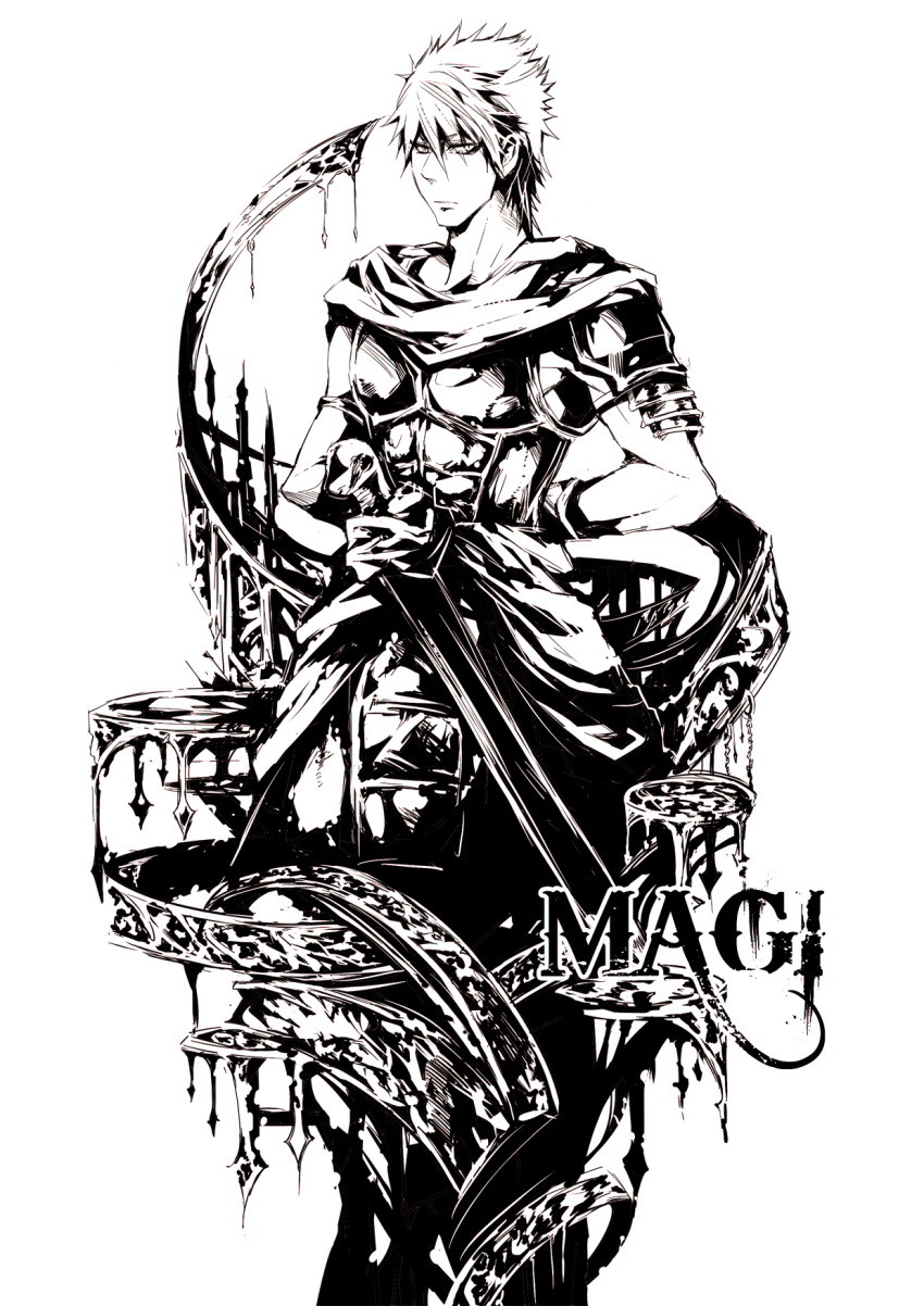 1boy anyueh armor arms_behind_back magi_the_labyrinth_of_magic masrur monochorome sword title_drop weapon