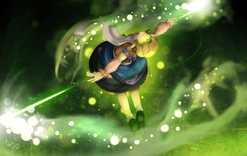 1girl absurdres arm_warmers blonde_hair floating full_body glowing glowing_eyes green green_background green_eyes highres lohiaxel mizuhashi_parsee outstretched_arms pointy_ears pose scarf shoes short_sleeves signature skirt slit_pupils socks spread_arms touhou unmoving_pattern white_legwear