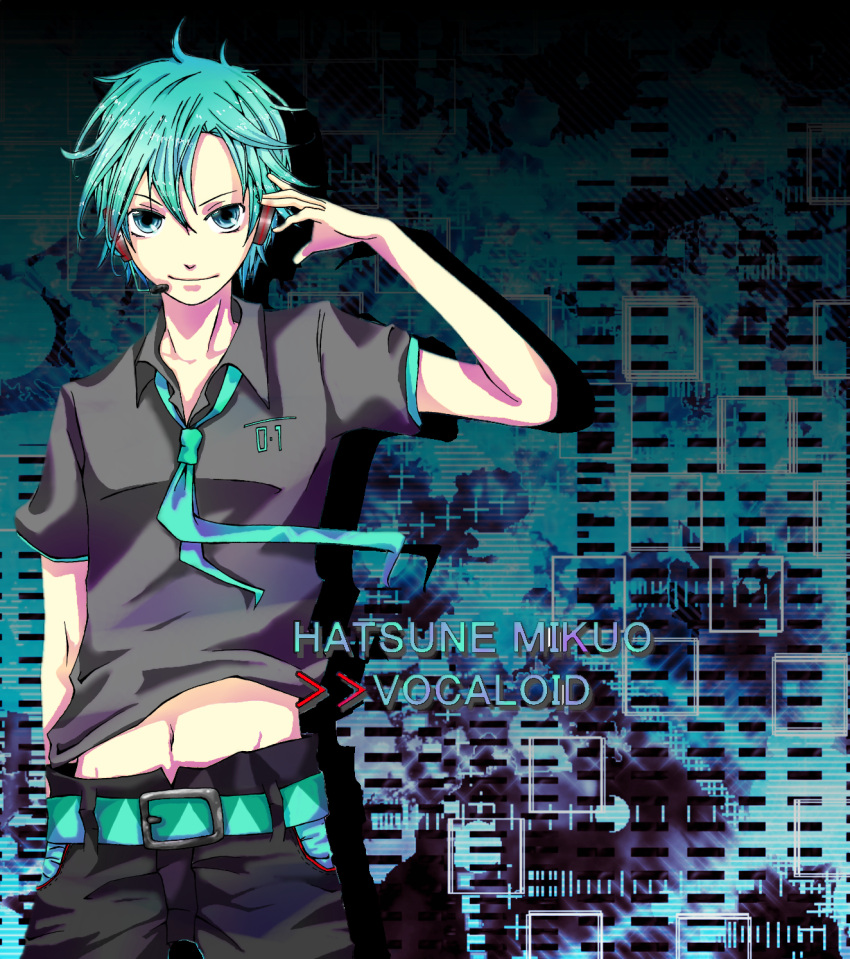 1boy character_name colored hatsune_mikuo headphones looking_at_viewer necktie short_hair smile solo title_drop vocaloid yukio_666