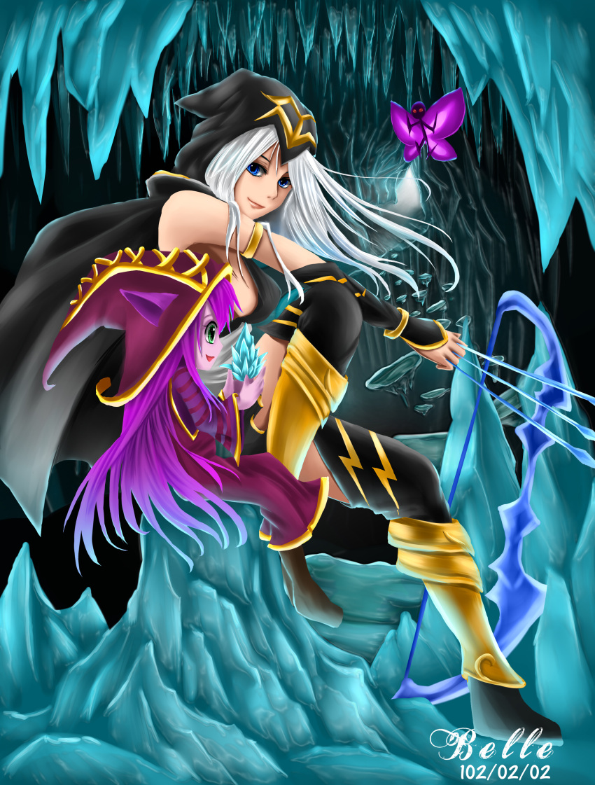 2girls animal_ears arrow ashe_(league_of_legends) belle blue_eyes boots bow_(weapon) breasts cape fairy green_eyes hat hood league_of_legends long_hair lulu_(league_of_legends) multiple_girls open_mouth pix purple_hair sideboob signature silver_hair sitting smile thigh-highs thigh_boots weapon witch_hat