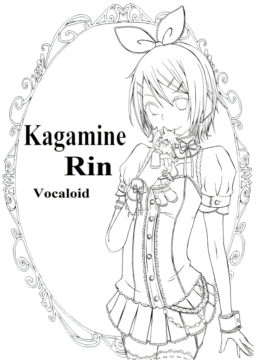 1girl character_doll character_name gari_(apollonica) highres kagamine_len kagamine_rin lineart monochrome short_hair skirt smile solo title_drop vocaloid