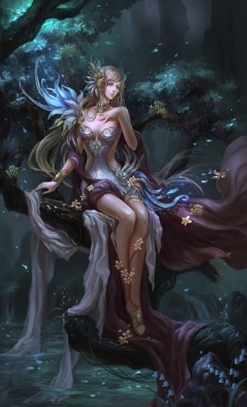 1girl angelos bare_shoulders blonde_hair blue_eyes branch flower forest hair_ornament highres jewelry lips long_hair moonlight nature necklace original sitting tree