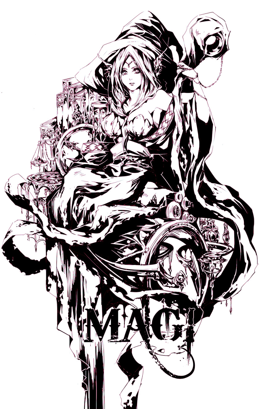 anyueh book breasts cleavage dress hat horns jewelry long_hair magi_the_labyrinth_of_magic monochrome solo staff yamuraiha