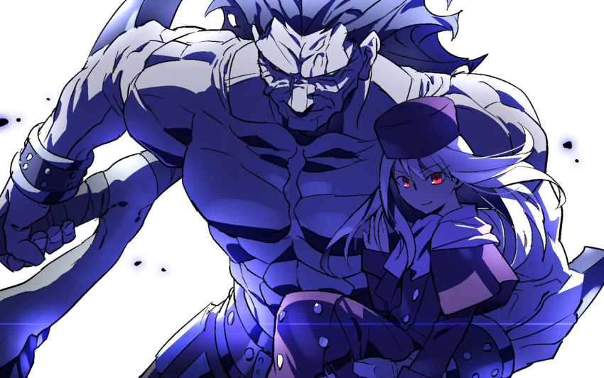 1boy 1girl berserker coat fate/stay_night fate_(series) hat illyasviel_von_einzbern long_hair muscle red_eyes sexy44 size_difference sword weapon white_hair