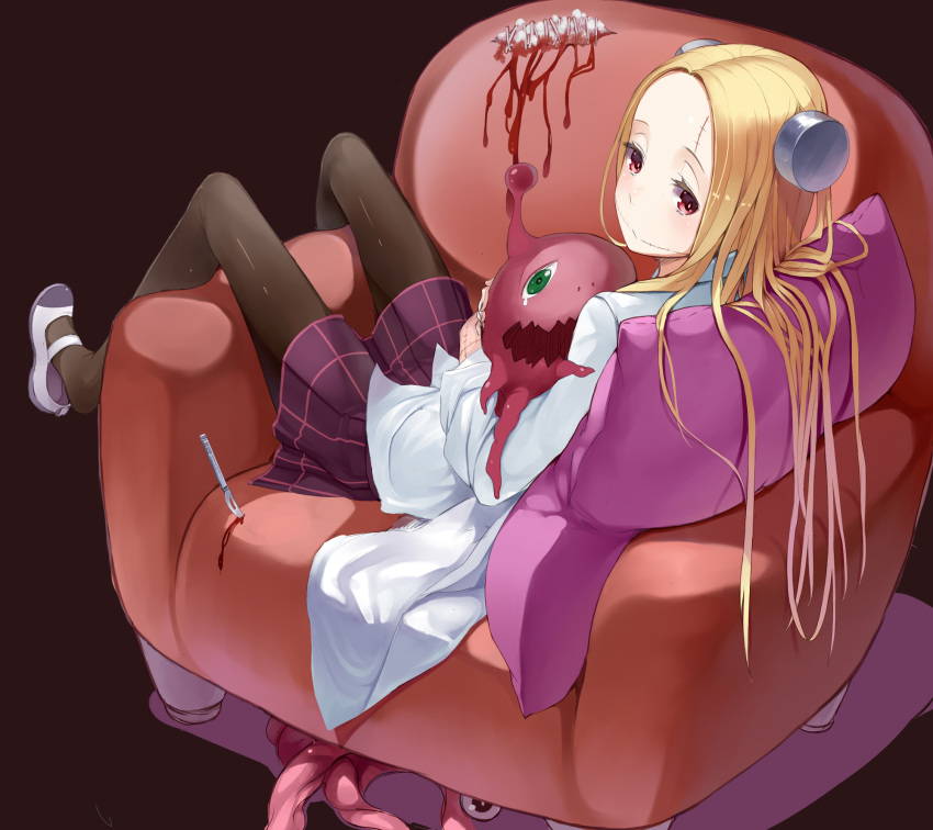 blonde_hair blood bolt chair franken_fran green_eyes long_hair madaraki_fran monster necolab pantyhose pillow red_eyes scalpel shoe_dangle shoes skirt stitches tears uwabaki