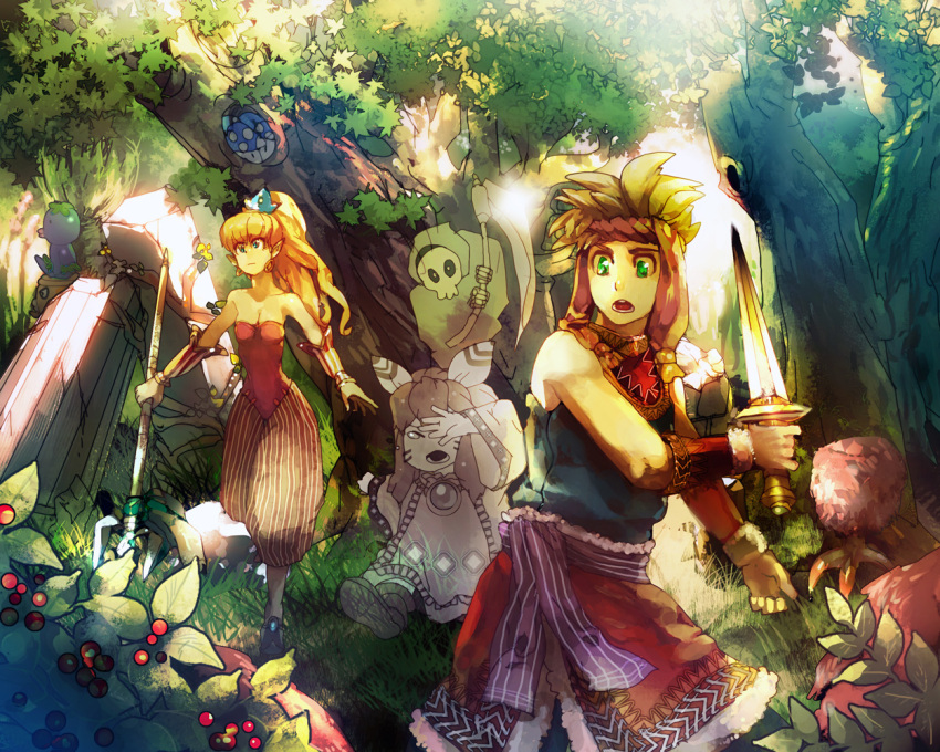1girl 2boys androgynous bare_shoulders blonde_hair breasts brown_hair capri_pants cleavage death_(entity) earrings feathers forest ghost green_eyes grim_reaper hair_feathers headband highres hoop_earrings jewelry long_hair montebla multiple_boys nature pointy_ears polearm ponytail popoie purim randi seiken_densetsu seiken_densetsu_2 short_sword sword tears trident vambraces vertical_stripes weapon