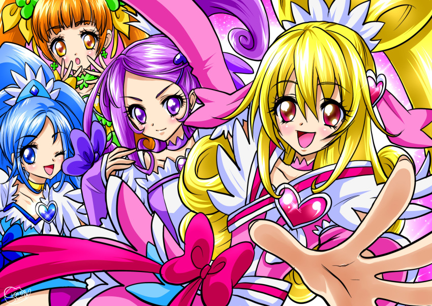 4girls :o ;d aida_mana arm_up blonde_hair blue_eyes blue_hair blush bow brown_eyes brown_hair choker cure_diamond cure_heart cure_rosetta cure_sword curly_hair dokidoki!_precure flower hair_flower hair_ornament hairpin half_updo heart highres hishikawa_rikka kenzaki_makoto long_hair magical_girl multiple_girls open_mouth outstretched_hand pink_background pink_eyes ponytail precure purple_hair ribbon shoko-tan smile sparkle twintails violet_eyes wink yotsuba_alice