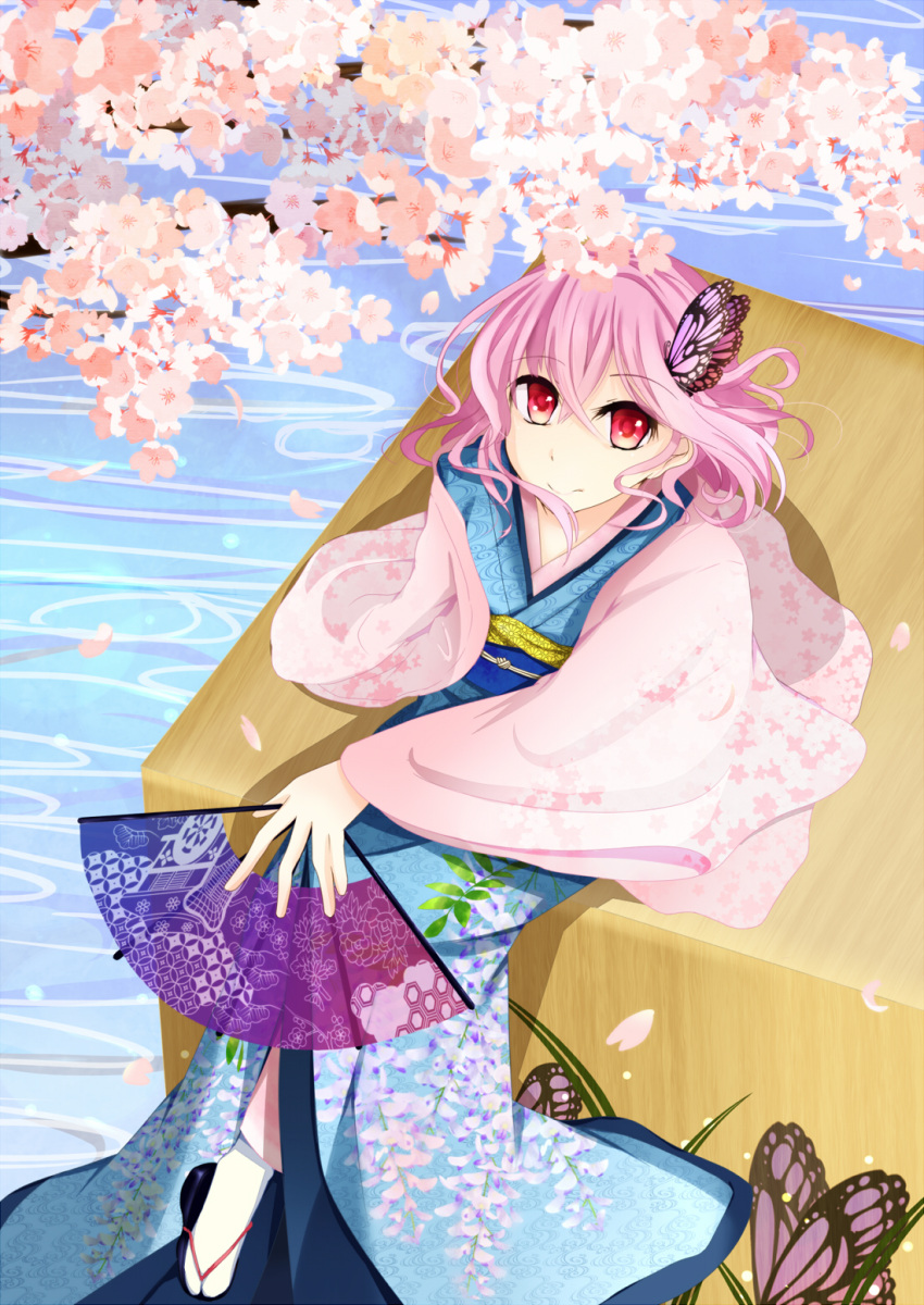 1girl butterfly butterfly_on_head cherry_blossoms geta grass highres iwasaki_yuu japanese_clothes kimono light_smile looking_at_viewer no_hat no_headwear obi pink_hair red_eyes saigyouji_yuyuko shawl short_hair sitting solo tabi touhou water wide_sleeves