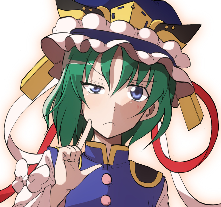 1girl :&lt; blue_eyes face green_hair hat shikieiki_yamaxanadu short_hair solo touhou tsuji_kazuo