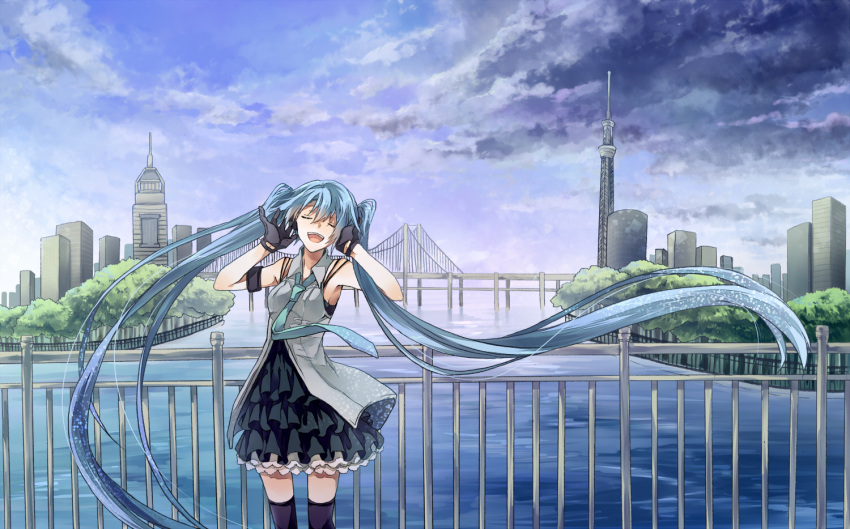 1girl blue_hair bridge cityscape closed_eyes clouds dress floating_hair gloves hatsune_miku long_hair nasuko necktie open_mouth sky solo thigh-highs twintails very_long_hair vocaloid water
