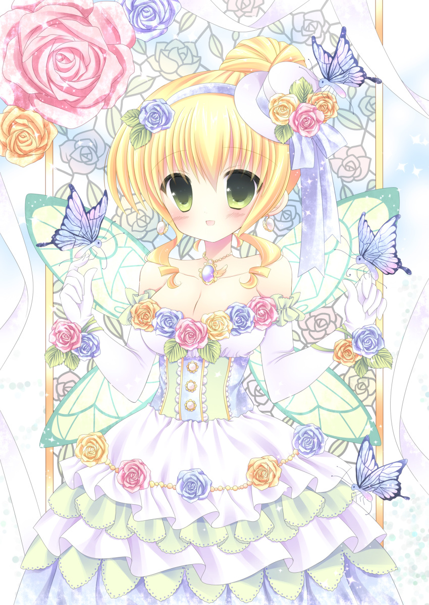 1girl :d blonde_hair breasts butterfly cleavage dress earrings elbow_gloves fairy_wings flower gloves green_eyes hat jewelry kouta. mini_top_hat necklace open_mouth rose smile top_hat wings