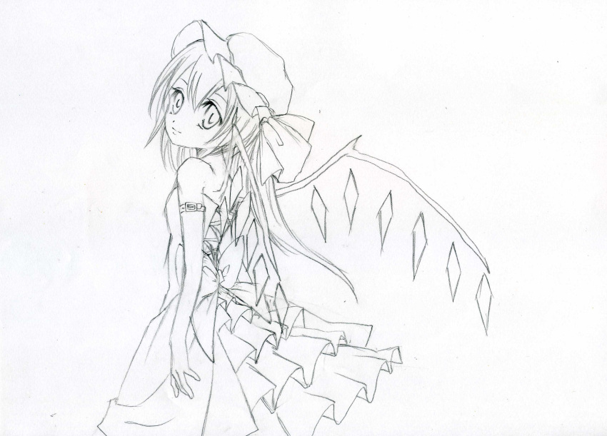 1girl flandre_scarlet highres lineart long_hair looking_at_viewer looking_back monochrome simple_background sketch smile solo touhou traditional_media yukimiru