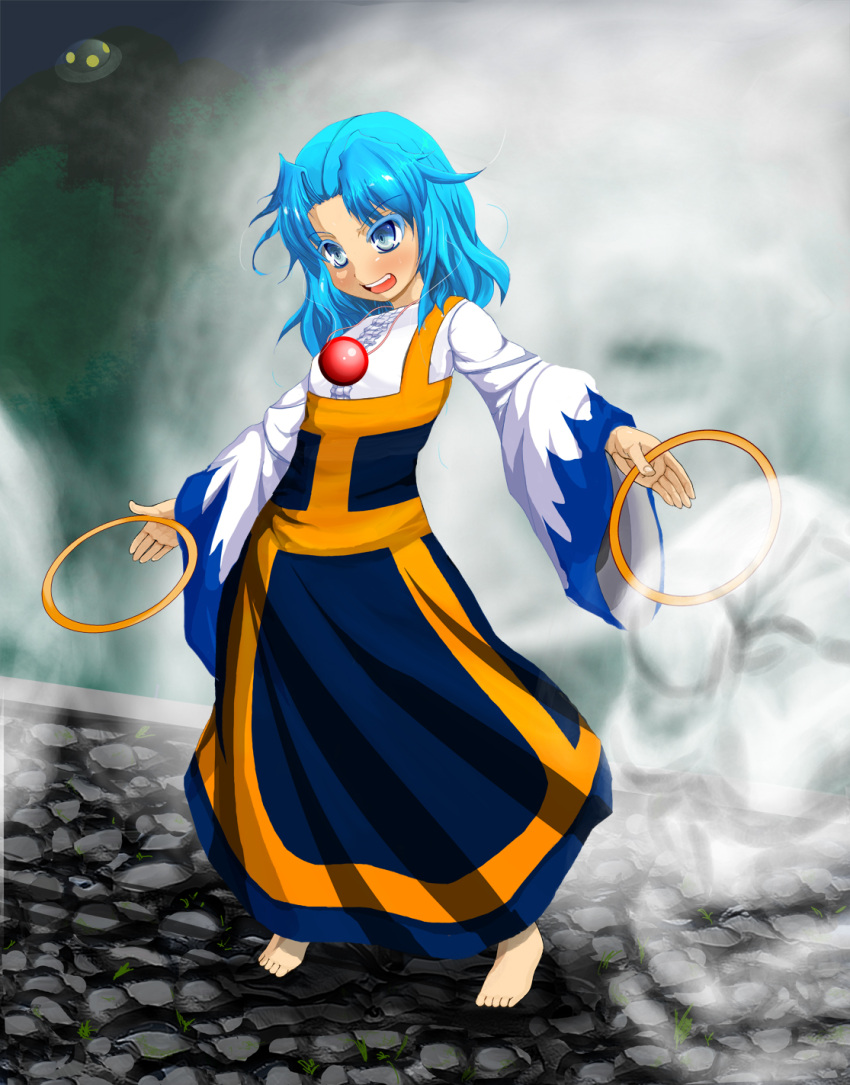 1girl barefoot blue_eyes blue_hair clenched_hand colored_eyelashes date8619 full_body jewelry kesa kumoi_ichirin long_hair long_sleeves necklace open_mouth pendant standing touhou ufo unzan wide_sleeves