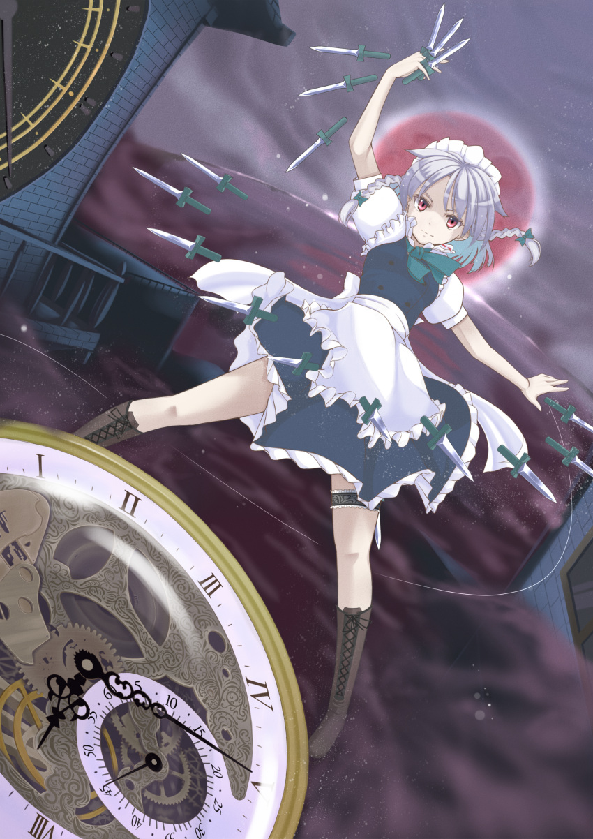 1girl absurdres apron arm_up blue_dress boots braid clock clock_tower cross-laced_footwear dress full_moon hair_ribbon highres izayoi_sakuya knife legband looking_at_viewer maid maid_headdress moon outstretched_arm outstretched_hand pink_eyes pocket_watch puffy_sleeves red_moon ribbon scarlet_devil_mansion shirt short_sleeves silver_hair sky solo tonpara touhou tower twin_braids waist_apron watch