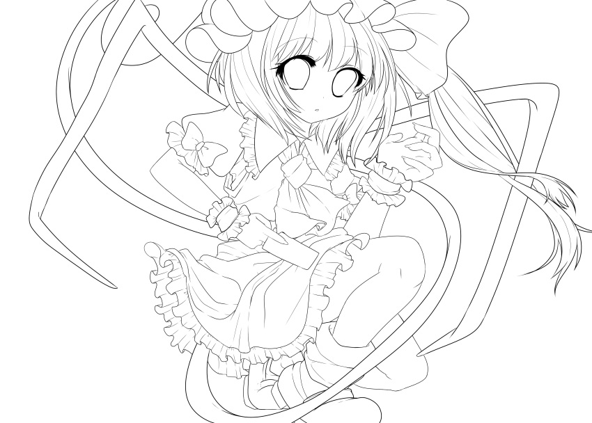 1girl absurdres flandre_scarlet highres lineart looking_at_viewer monochrome shiori_(moechin) solo touhou