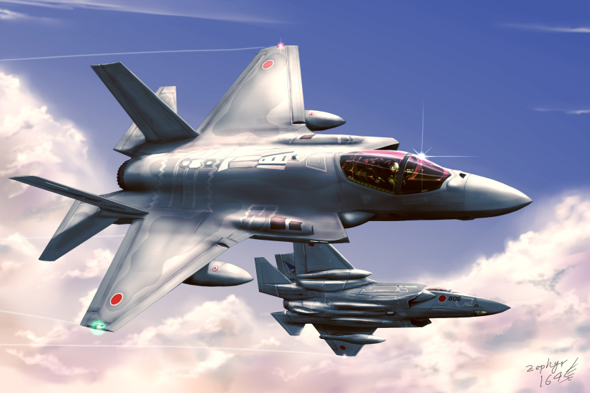airplane artist_name clouds dated f-35 fighter_jet flying japan jet military original pilot signature sky zephyr164
