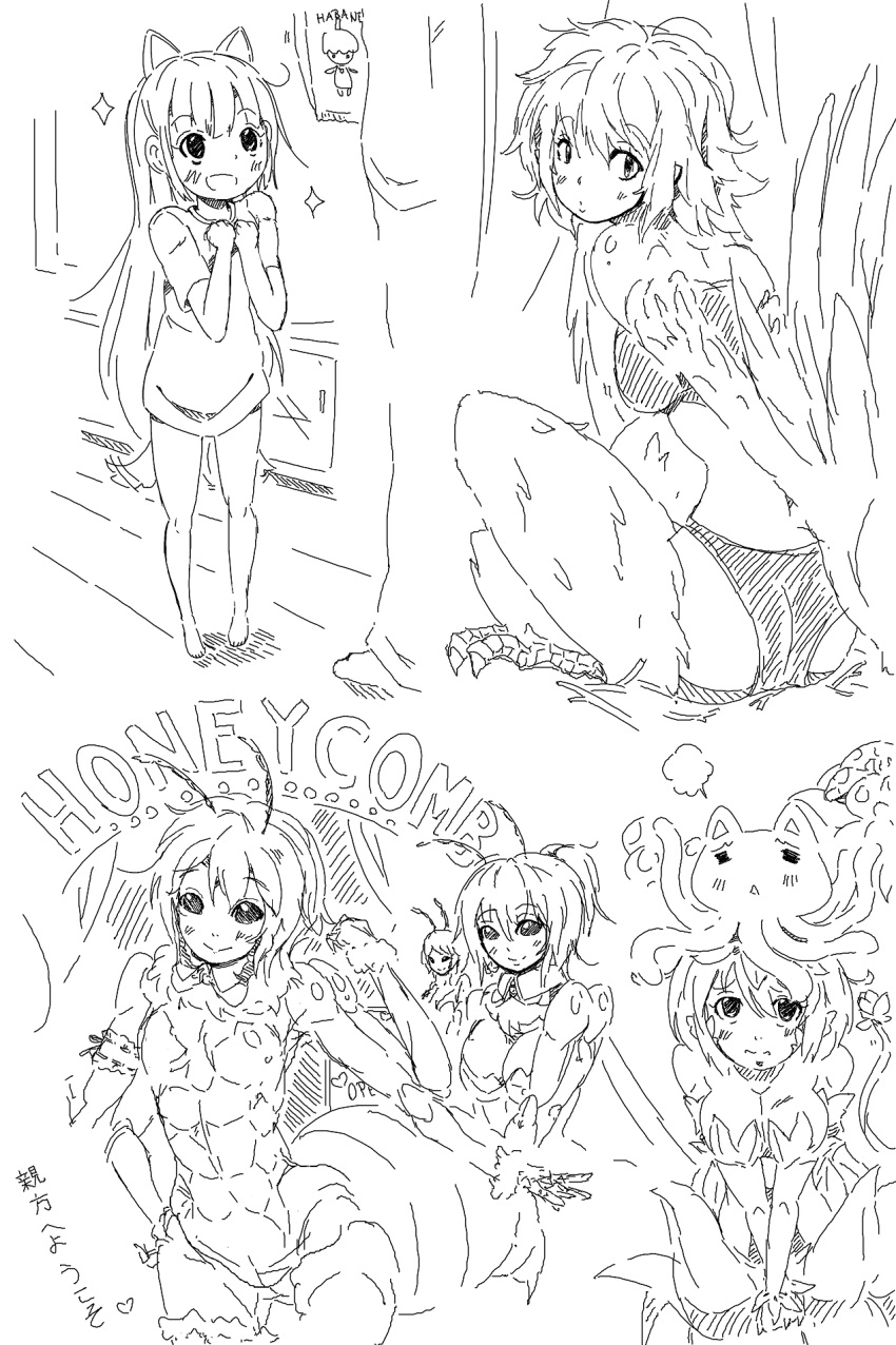 6+girls animal_ears antennae breasts cleavage extra_arms feathered_wings harpy highres insect_girl kimika_(twinhound) monochrome monster_girl multiple_girls original plant_girl sketch sparkle tail tail_wagging talons translation_request underwear underwear_only wings