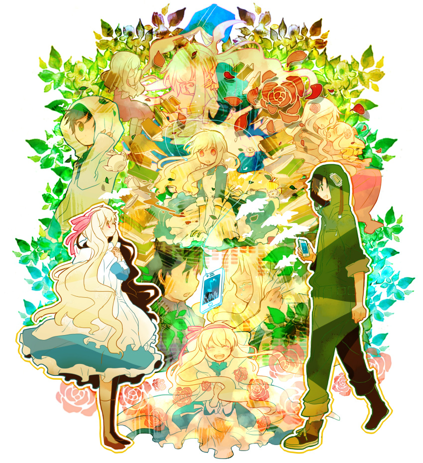 7:24 blonde_hair book brown_hair cup digital_media_player dress earphones flower hairband hoodie hug kagerou_project long_hair mary_(kagerou_project) mother_and_daughter multiple_persona red_eyes rose seto_(kagerou_project) shion_(kagerou_project) short_hair smile souzou_forest_(vocaloid) teapot