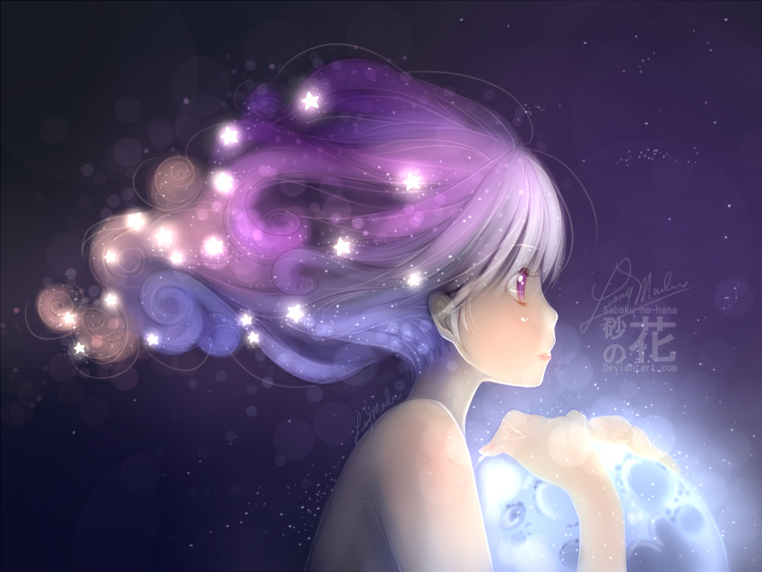 1girl bare_shoulders light_particles long_hair orb original purple_hair sabaku_no_hana signature simple_background solo star violet_eyes