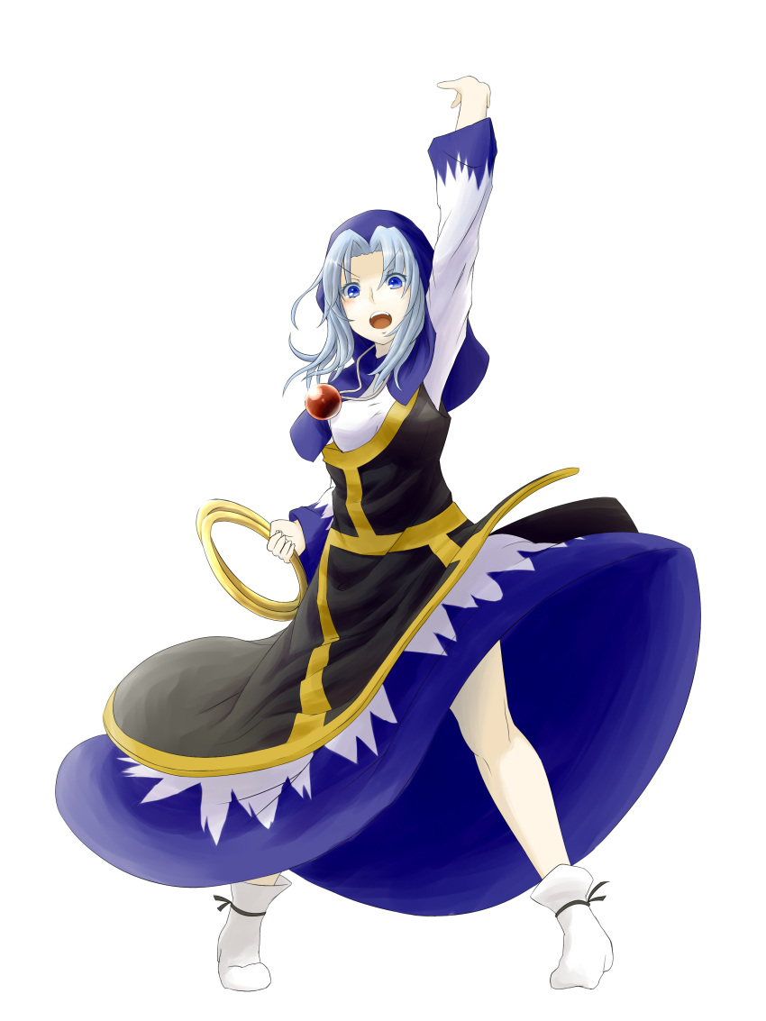 1girl arm_raised blue_eyes blue_hair blush breasts dress full_body holding hood jewelry kesa kumoi_ichirin long_hair looking_at_viewer necklace open_mouth pendant simple_background socks sogabu_mikoto solo standing touhou white_background