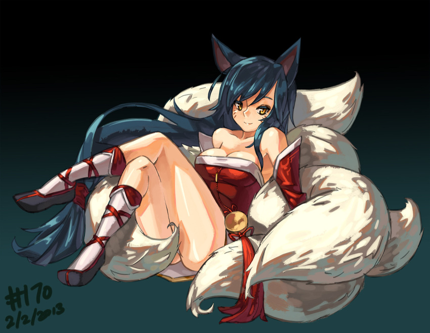 1girl ahri animal_ears blue_hair breasts censor_tail cleavage crossed_legs dated detached_sleeves fox_ears fox_tail highres junkpuyo league_of_legends long_hair low-tied_long_hair multiple_tails sitting smile socks solo tail very_long_hair whiskers yellow_eyes