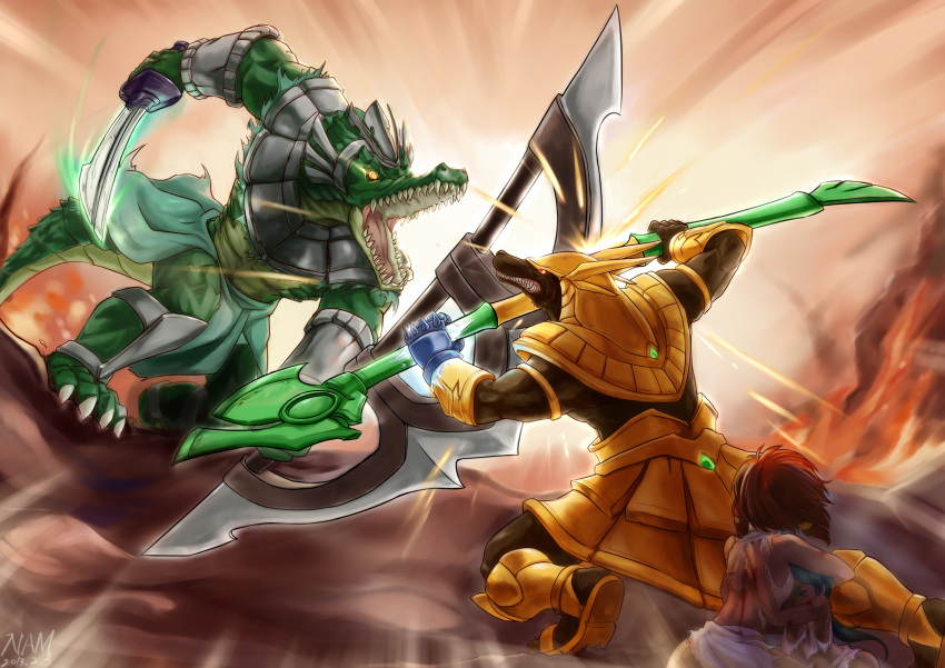 2boys 2girls armband armor battle blade blood brothers closed_eyes gauntlets green_hair hug league_of_legends long_hair multiple_boys multiple_girls nam_(valckiry) nasus open_mouth protecting red_eyes redhead renekton rivalry short_hair siblings spikes staff sword tail tears teeth torn_clothes weapon yellow_eyes