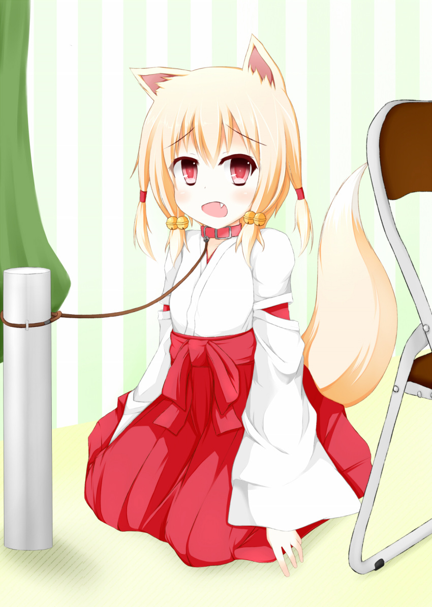 1girl animal_ears blonde_hair blush collar fang flat_chest fox_ears fox_tail highres kneeling leash mikomiko_masimaro original solo tail