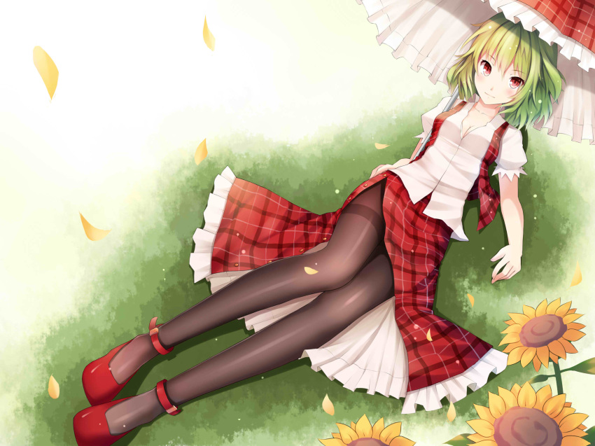 1girl black_legwear blush breasts cleavage collarbone flower grass green_hair highres kazami_yuuka looking_at_viewer lying mushroom_(artist) on_ground on_side open_vest pantyhose parasol petals puffy_sleeves red_eyes red_shoes shirt shoes short_sleeves side_slit skirt skirt_set smile solo sunflower touhou umbrella