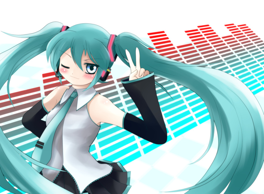 1girl bare_shoulders blue_eyes blush detached_sleeves green_hair grin hatsune_miku headset highres long_hair necktie pleated_skirt skirt smile solo twintails v vocaloid wink yume_shokunin