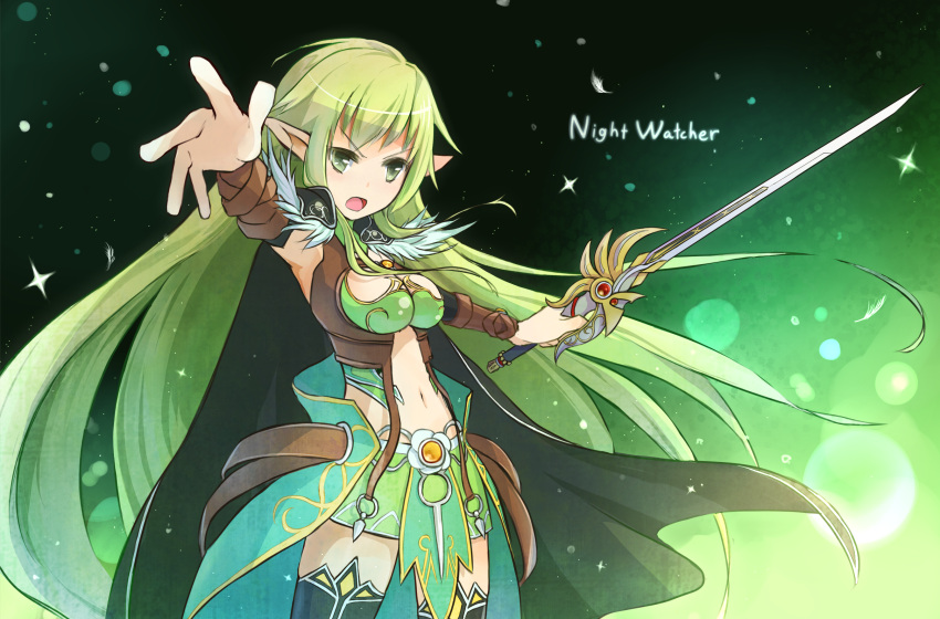 1girl arm_up cape elsword green green_background green_eyes green_hair long_hair outstretched_hand pointy_ears rapier rena_(elsword) scyze skirt solo sword weapon