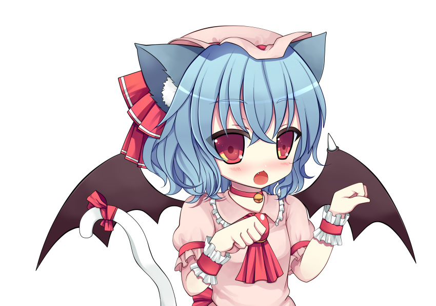 1girl animal_ears ascot bat_wings bell blue_hair blush bust cat_ears cat_tail collar face hat kemonomimi_mode paw_pose red_eyes remilia_scarlet short_hair solo swami tail touhou wings wrist_cuffs