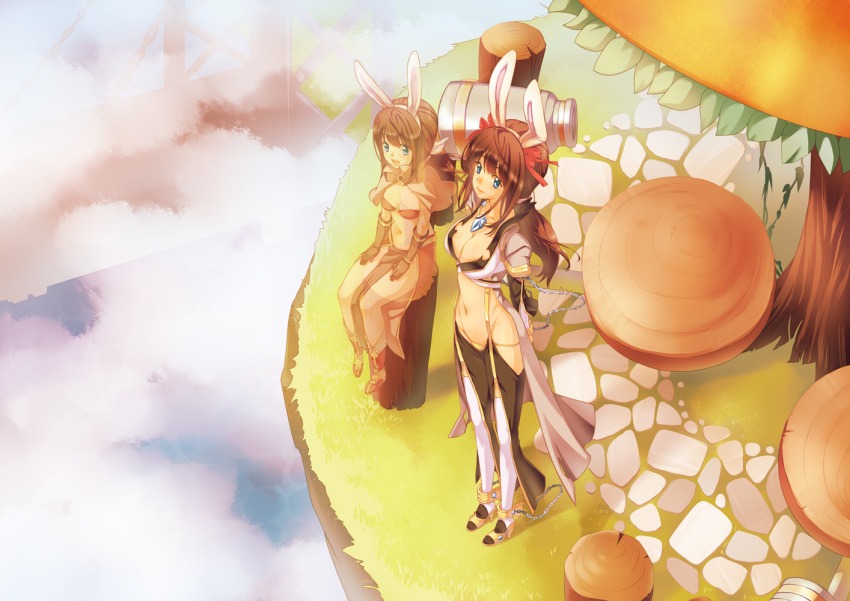 1girl :d adult animal_ears black_gloves blue_eyes breasts brown_eyes chain cleavage dual_persona fake_animal_ears gloves hair_ribbon hairband high_heels jewelry kawagoe_pochi large_breasts log loincloth long_hair mage_(ragnarok_online) midriff navel necklace o-ring_top open_mouth panties ponytail rabbit_ears ragnarok_online ribbon shoes sitting smile solo string_panties sunset thigh-highs underwear warlock_(ragnarok_online) white_legwear yellow_panties young