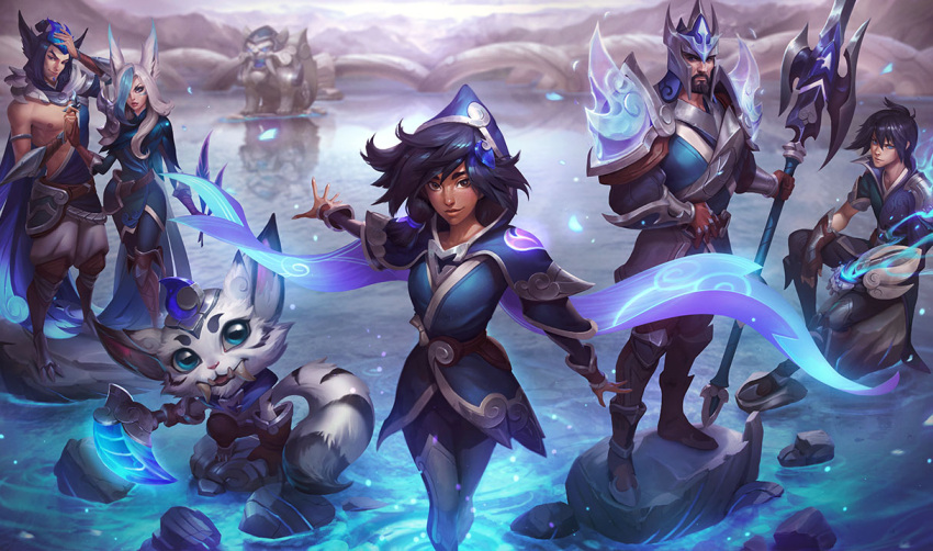 animal_ears armor black_hair blue_eyes blue_feathers blue_hair blush boomerang boots brown_eyes cape closed_mouth dark_skin ezreal facial_hair facial_mark fangs feathers fingerless_gloves full_body gloves gnar_(league_of_legends) hair_ornament hair_over_one_eye hand_holding hat helmet hood jarvan_lightshield_iv jewelry lake league_of_legends leather legs_crossed long_hair looking_at_viewer manly multiple_boys multiple_girls muscle official_art rakan reflection samsung_galaxy_(league_of_legends) scar scenery shiny shirtless short_hair sitting smile stone taliyah thick_eyebrows weapon white_hair xayah yordle