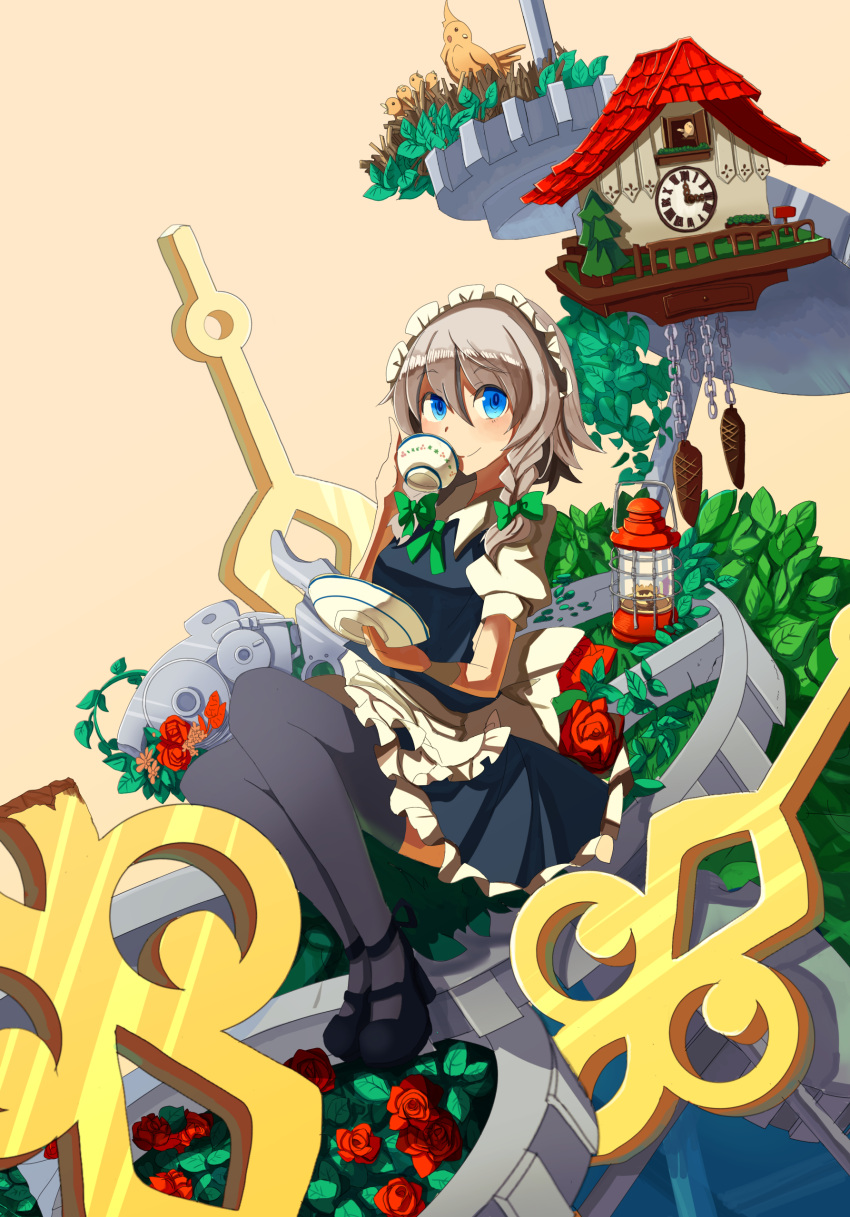 1girl apron bird blue_eyes blush braid breasts clock cup dish flower gears grey_legwear izayoi_sakuya lantern maid maid_headdress red_rose ribbon rose short_hair silver_hair sitting skirt smile teacup thigh-highs touhou twin_braids yuki_ahiru