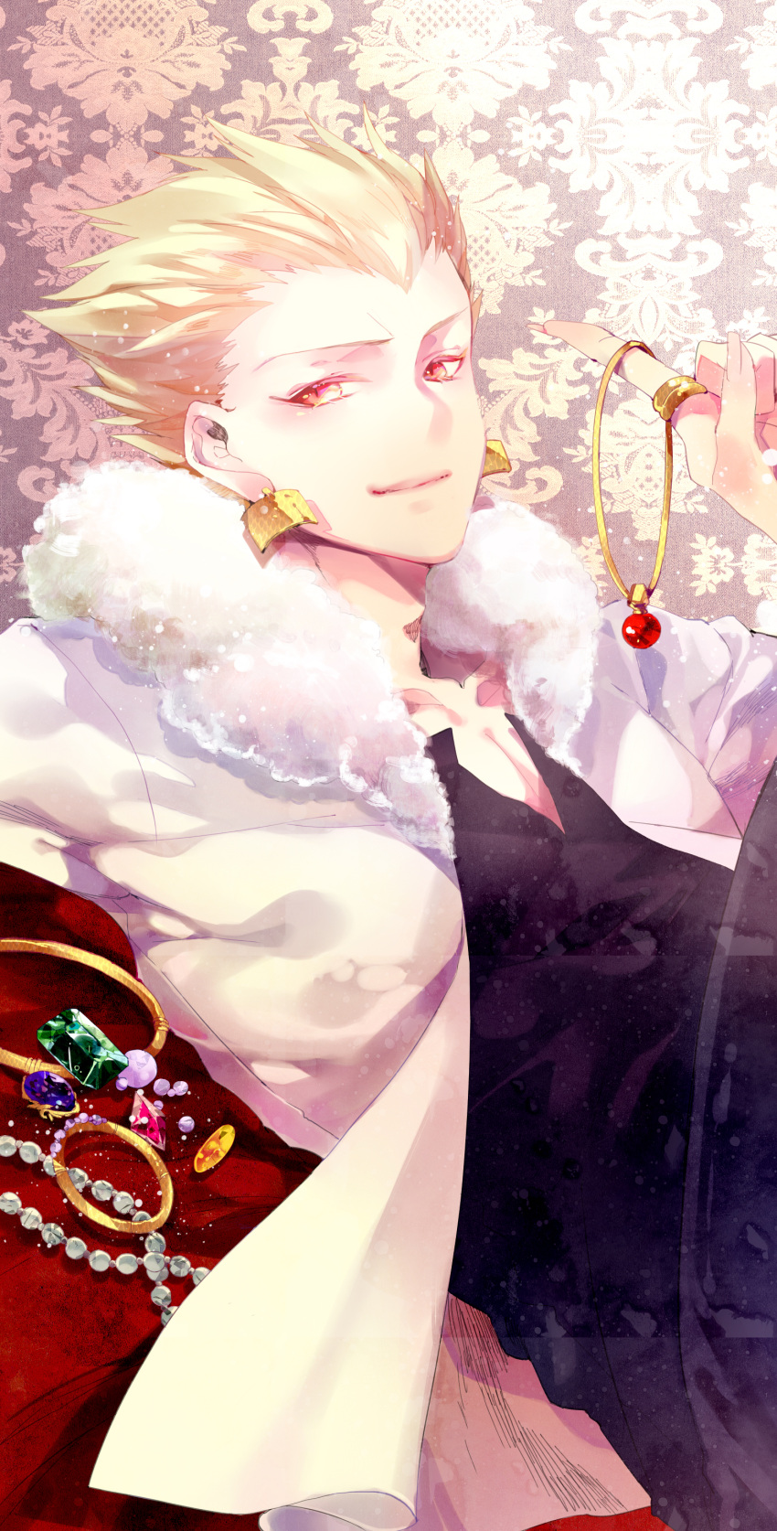 1boy blonde_hair earrings fate/stay_night fate_(series) gem gilgamesh hair_up jacket jewelry necklace red_eyes solo white_jacket wingtemple