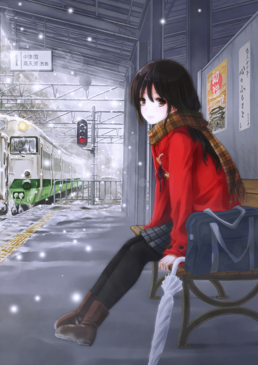 bag bench boots brown_eyes brown_hair coat hadi long_hair original pantyhose scarf sitting skirt snow snowing train train_station umbrella