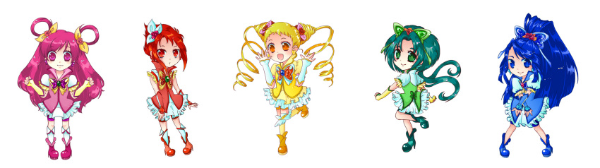 5girls :3 :d akimoto_komachi bike_shorts blonde_hair blue_eyes blue_hair boots bow brooch butterfly_hair_ornament crossed_arms cure_aqua cure_dream cure_lemonade cure_mint cure_rouge double_bun drill_hair earrings flower gloves green_eyes green_hair hair_flower hair_ornament hair_rings hako_mura highres jewelry kasugano_urara long_hair magical_girl minazuki_karen multiple_girls natsuki_rin open_mouth pink_eyes pink_hair pink_rose ponytail precure rainbow_order red_eyes redhead ribbon rose shoes short_hair shorts_under_skirt skirt smile spiky_hair standing_on_one_leg thigh-highs twin_drills twintails white_background yellow_eyes yellow_legwear yes!_precure_5 yumehara_nozomi