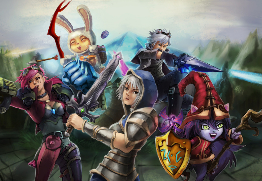 2boys 3girls 4rca ^_^ alternate_costume alternate_hair_color animal_ears armor arrow belt blade blue_eyes boots bow_(weapon) breasts brown_eyes bunnysuit character_name closed_eyes collar ezreal fairy female gauntlets goggles goggles_on_head green_eyes hat hood league_of_legends long_hair lulu_(league_of_legends) male multiple_boys multiple_girls open_mouth pink_hair pix purple_hair riven_(league_of_legends) shield shoulder_pads silver_hair staff sword teemo very_long_hair vi_(league_of_legends) weapon witch_hat