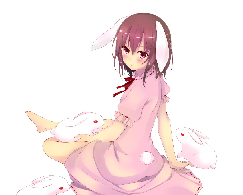 1girl absurdres alice_(nh2) animal_ears barefoot brown_hair colored dress grass highres inaba_tewi pink_dress rabbit rabbit_ears red_eyes short_hair simple_background sitting solo tail touhou white_background