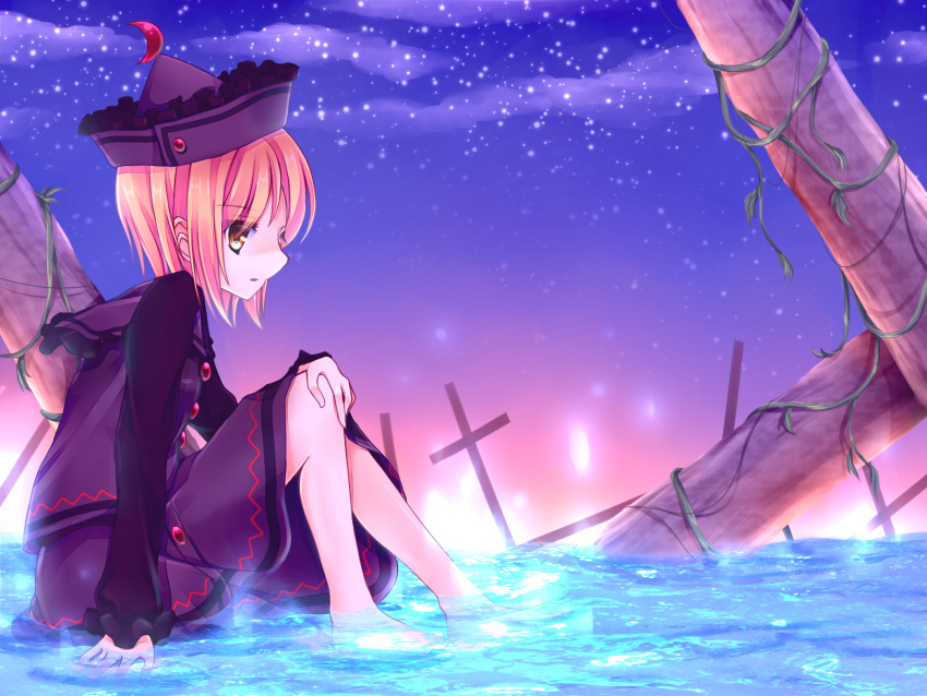 1girl blonde_hair crescent cross feet_in_water hat highres kujou_mikuru lunasa_prismriver partially_submerged skirt soaking_feet solo touhou vines water yellow_eyes