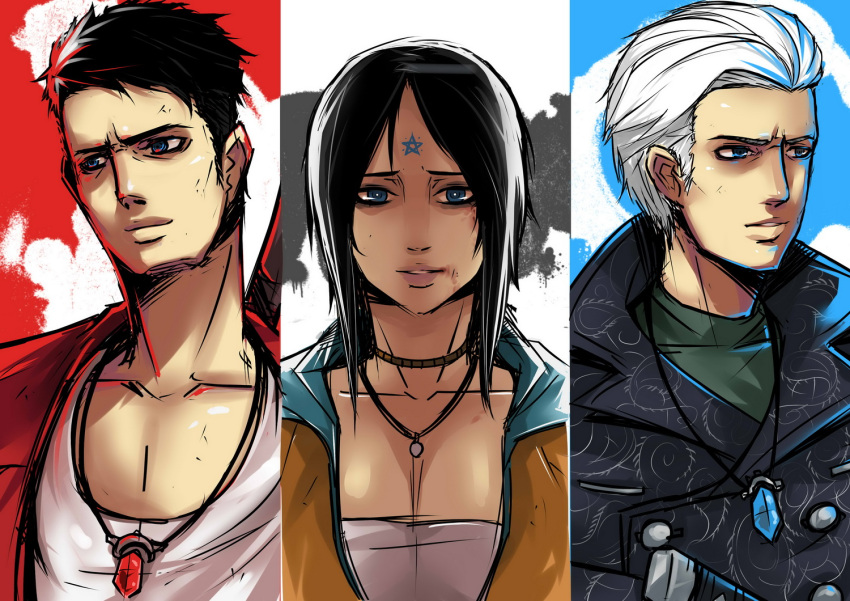 1girl 2boys bangs black_hair blue_eyes bruise bust column_lineup dante dmc:_devil_may_cry highres injury jewelry kat_(devil_may_cry) kuma_x multiple_boys necklace parted_bangs slicked_back_hair vergil white_hair