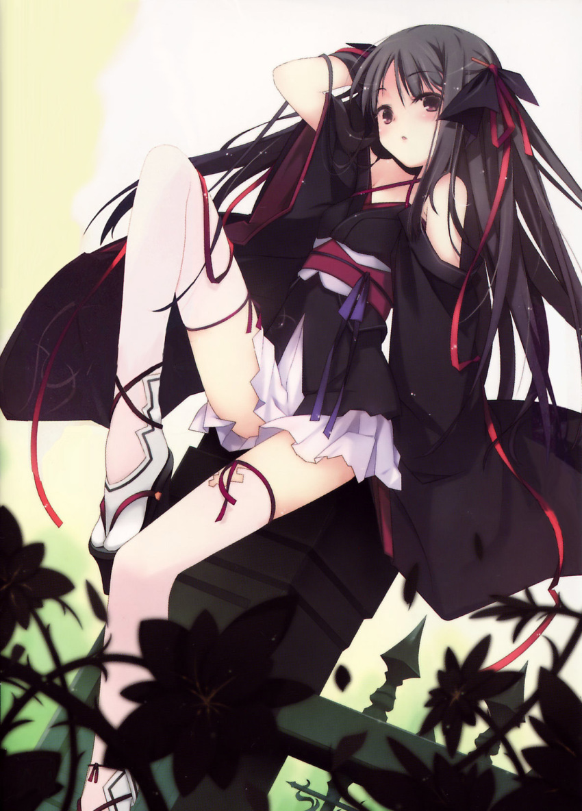 1girl arm_up artist_request black_hair cover cover_page detexted fence flower japanese_clothes kikou_shoujo_wa_kizutsukanai kimono legs off_shoulder photoshop red_eyes ribbon sitting thigh-highs white_legwear yaya_(kikou_shoujo_wa_kizutsukanai)