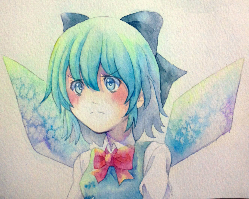 1girl blue_eyes blue_hair bow cirno hair_bow highres ice ice_wings solo touhou traditional_media watercolor_(medium) wings yuyu_(00365676)