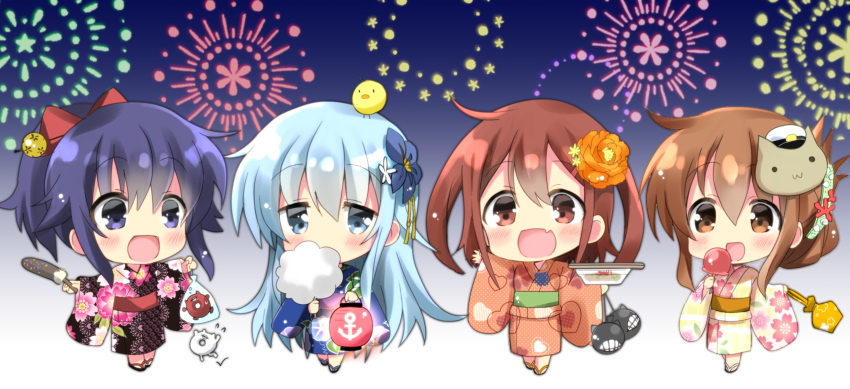 4girls :d aerial_fireworks akatsuki_(kantai_collection) anchor_symbol animal animal_on_head bag bangs black_hair black_kimono blue_eyes blue_hair blue_kimono blush brown_eyes brown_hair brown_kimono candy_apple cat_mask chibi chick_on_head chocolate_banana commentary_request cotton_candy covered_mouth enemy_lifebuoy_(kantai_collection) eyebrows_visible_through_hair fireworks floral_print food full_body gradient_sky hair_between_eyes hibiki_(kantai_collection) highres hizuki_yayoi holding holding_food ikazuchi_(kantai_collection) inazuma_(kantai_collection) japanese_clothes kantai_collection kimono lantern long_hair long_sleeves mask multiple_girls on_head open_mouth orange_kimono ponytail print_kimono purple_hair satchel short_hair sky smile standing very_long_hair violet_eyes white_kimono wide_sleeves yukata
