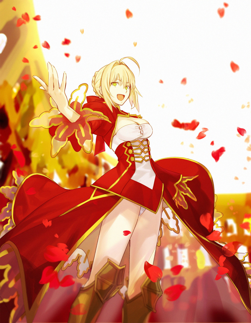 1girl absurdres ahoge aokiku bangs blonde_hair braid breasts dress eyebrows_visible_through_hair fate/extra fate/grand_order fate_(series) hair_between_eyes hand_up highres holding holding_sword holding_weapon looking_at_viewer nero_claudius_(fate) nero_claudius_(fate)_(all) open_mouth petals red_dress short_hair smile solo sword underwear weapon wind yellow_eyes