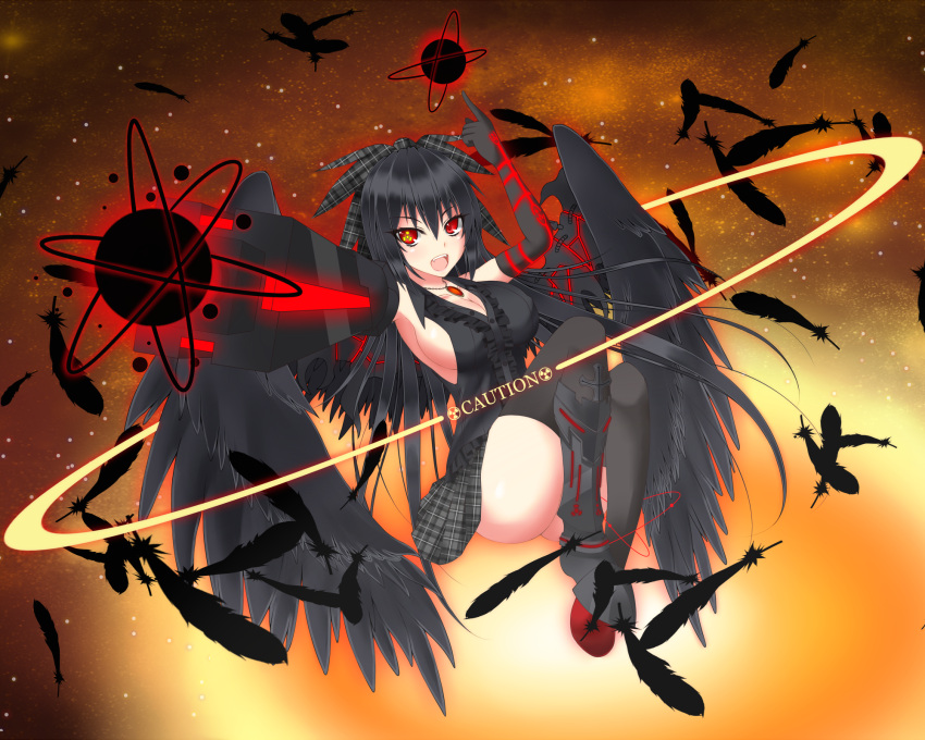 1girl arm_cannon bird_wings black_gloves black_hair black_legwear black_wings bow breasts cleavage elbow_gloves energy_ball feathers gloves gmot hair_bow highres large_breasts long_hair looking_at_viewer open_mouth pointing pointing_up radiation_symbol red_eyes reiuji_utsuho shirt sideboob skirt sleeveless sleeveless_shirt smile solo space star symbol-shaped_pupils thigh-highs third_eye touhou very_long_hair weapon wings zettai_ryouiki