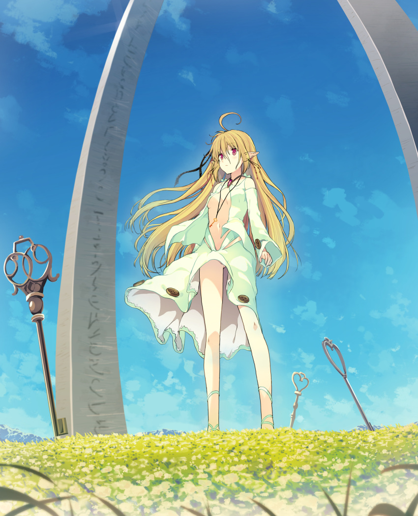 1girl ahoge arch bare_shoulders blonde_hair bottomless breasts center_opening clouds dress grass highres jewelry long_hair minaseyu_no navel necklace original pointy_ears sky solo